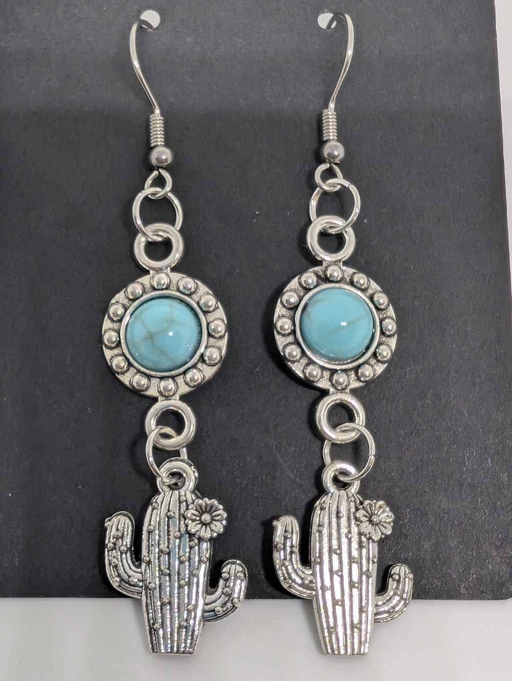 Handmade Boho Turquoise Howlite Western Cactus Dangle Earrings